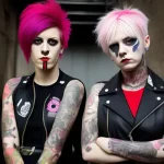 Two punk women with pink hair and tattoos posing for a picture, showcasing A History Of UK Punk.