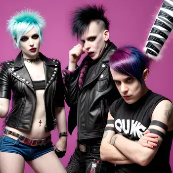 A group of people in punk outfits showing off their fun, pogo dance-inspired poses for a photo.