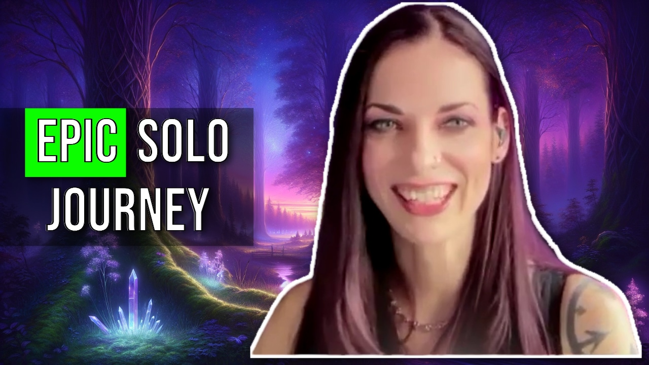 A woman smiling in front of a digitally rendered background featuring a colorful, mystical forest with the text "Epic Solo Journey" displayed beside her.