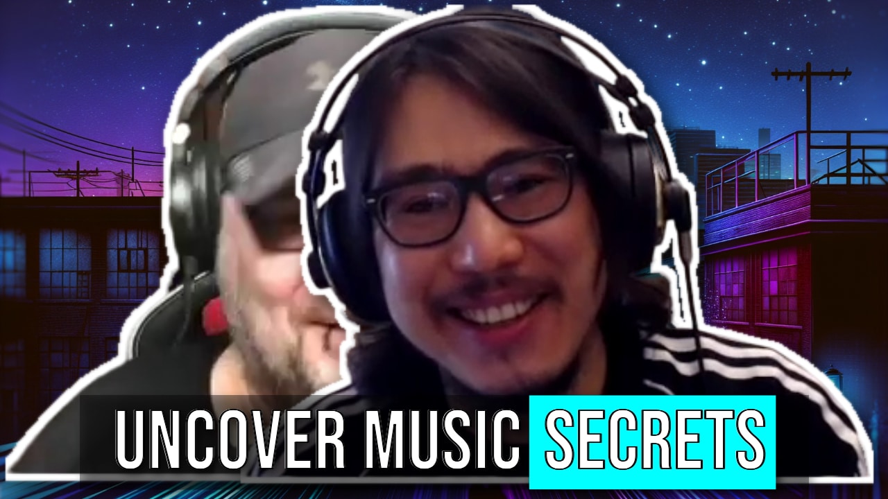 Two people wearing headphones are pictured with a neon-themed background. The text "Uncover Music Secrets" is displayed at the bottom.