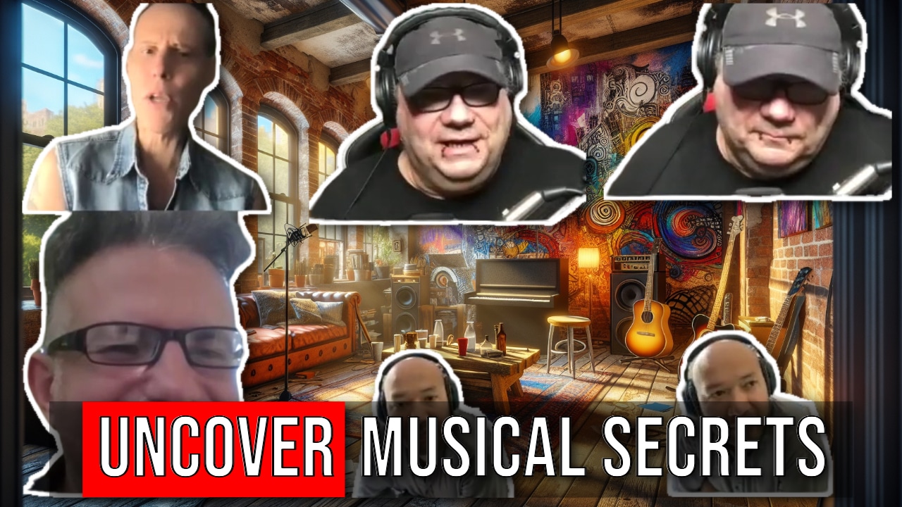 A collage of people in a music studio overlayed with the text "UNCOVER MUSICAL SECRETS." Various instruments and art decorations are visible in the background.