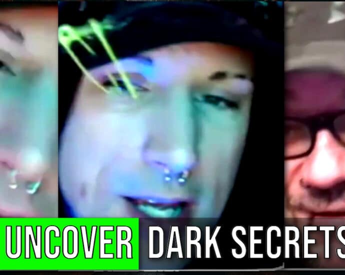 Three people, including Zach, are shown with various expressions. The text overlay reads "UNCOVER DARK SECRETS." Tune in for an exclusive interview that takes you behind the scenes of the enigmatic Dead Animal Assembly Plant.