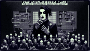 A group of people and creatures in suits stand before industrial machinery. A central figure with dark hair and makeup is in focus. Text above reads, "Dead Animal Assembly Plant: The Horror...".