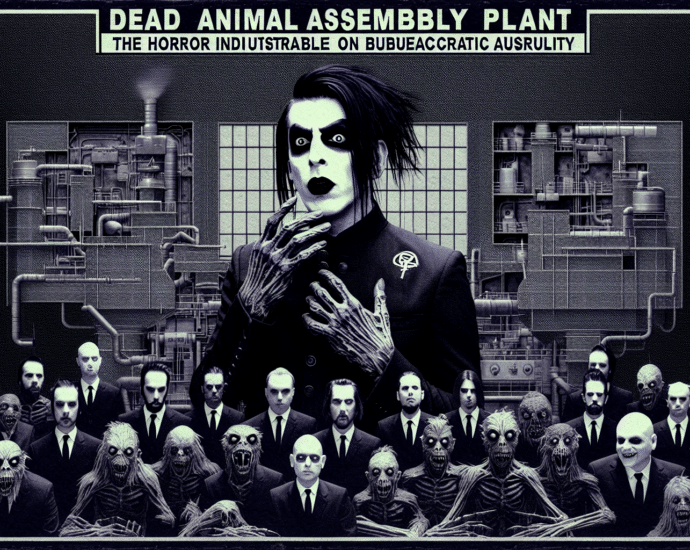 A group of people and creatures in suits stand before industrial machinery. A central figure with dark hair and makeup is in focus. Text above reads, "Dead Animal Assembly Plant: The Horror...".