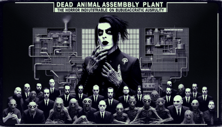 A group of people and creatures in suits stand before industrial machinery. A central figure with dark hair and makeup is in focus. Text above reads, "Dead Animal Assembly Plant: The Horror...".