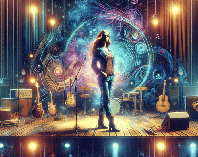 A woman stands on a stage surrounded by various musical instruments and equipment, backed by a vibrant cosmic-themed backdrop.