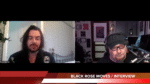 Two men are on a video call for an interview. One on the left has long hair and a skull design on his shirt. The other on the right wears glasses and headphones. Text on screen reads "BLACK ROSE MOVES / INTERVIEW.