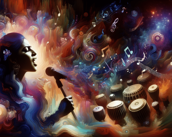 A silhouette of a singer with colorful swirling patterns and floating musical notes surrounding drum-like instruments.