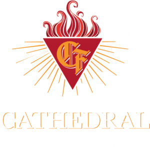 The logo features a red triangle with "CF" initials, a flame design on top, and radiant lines extending outward. Beneath it, the words "Cathedral In Flames" are prominently displayed, capturing a sense of energy akin to an interview spotlight.