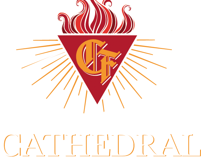 The logo features a red triangle with "CF" initials, a flame design on top, and radiant lines extending outward. Beneath it, the words "Cathedral In Flames" are prominently displayed, capturing a sense of energy akin to an interview spotlight.