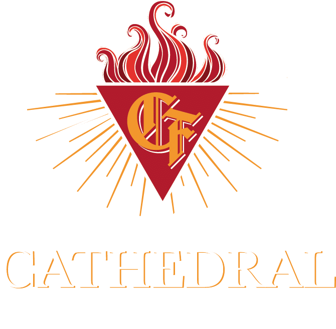 The logo features a red triangle with "CF" initials, a flame design on top, and radiant lines extending outward. Beneath it, the words "Cathedral In Flames" are prominently displayed, capturing a sense of energy akin to an interview spotlight.