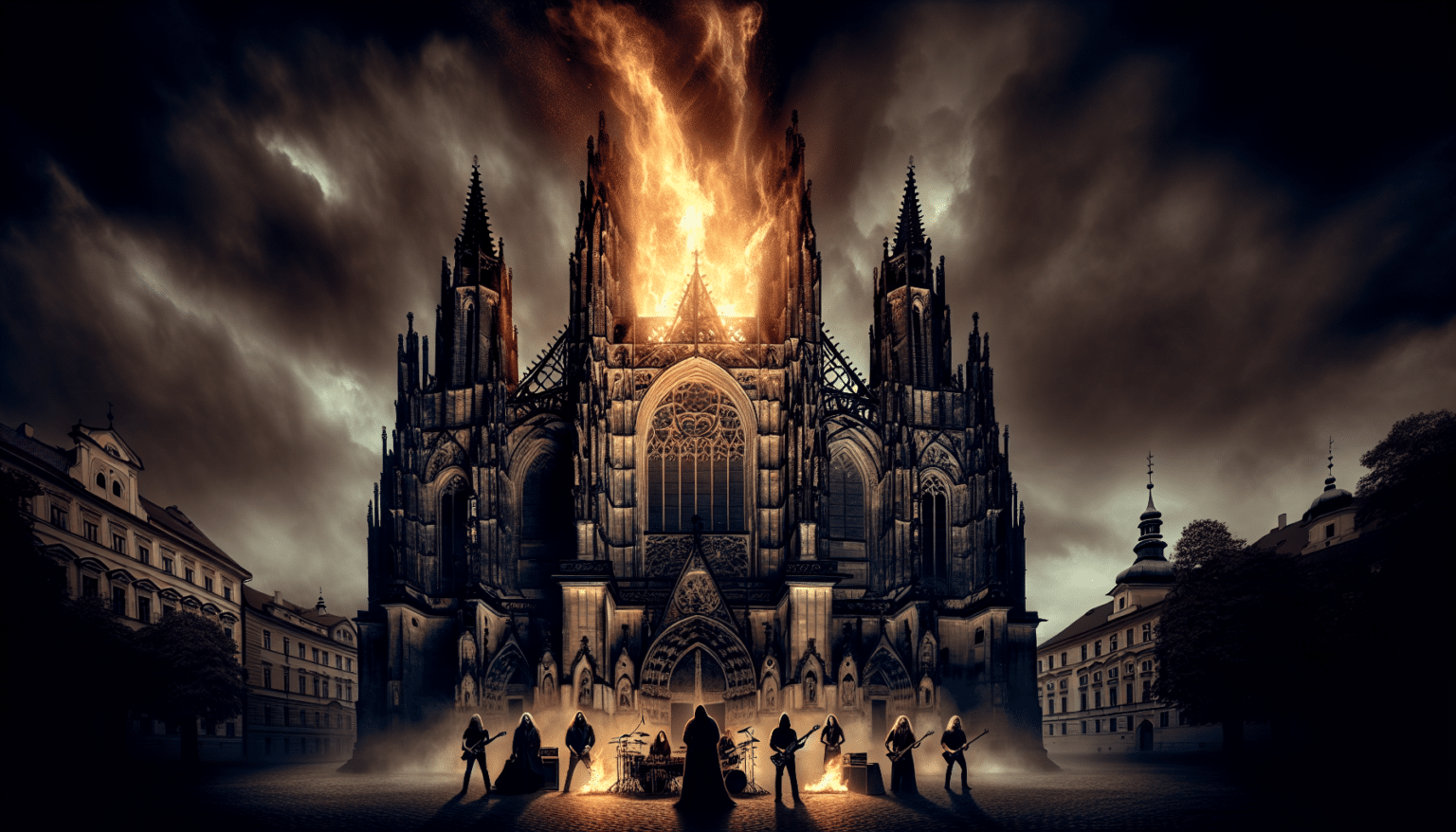 A dramatic scene of a Gothic-style cathedral with flames erupting from the spires, set against a stormy sky. Silhouetted figures stand in front of the entrance.