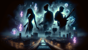 Silhouettes of three musicians performing against a neon glowing cityscape backdrop with musical notes and instruments, labeled "Birmingham.