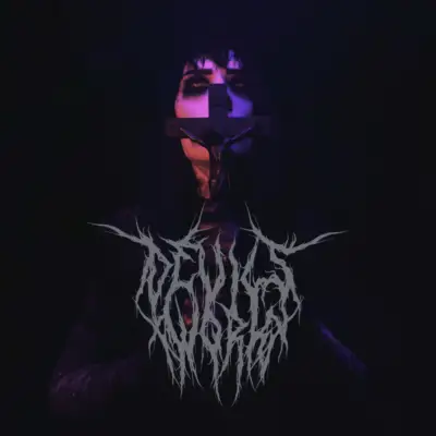 In moody shadows, a person in dark makeup and attire holds a cross adorned with a figure, against an ominous backdrop. The words "DEVILS WORK" hint at the vibe of Psyclon Nine's latest single release.