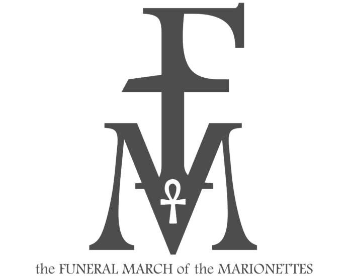 Black background with large gray initials "F M" and an ankh symbol. Text below reads "the FUNERAL MARCH of the MARIONETTES." It's as if It All Falls Apart in this captivating album cover, setting the tone for a dramatic musical journey.