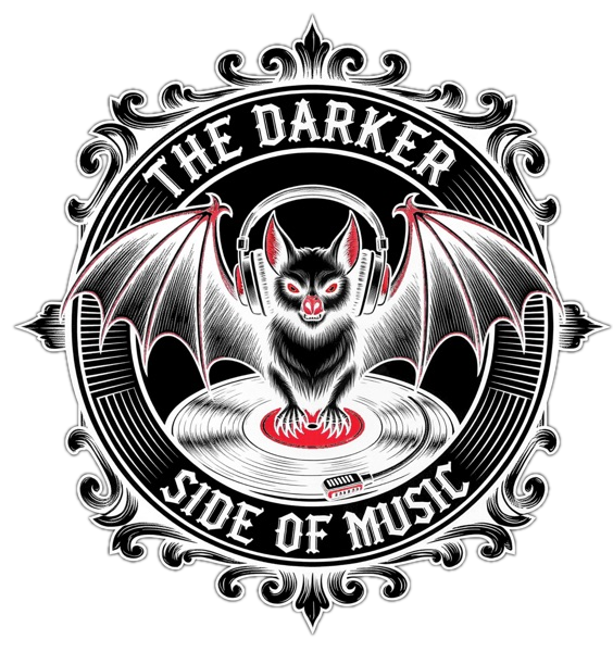 Illustration of a bat wearing headphones standing on a vinyl record, with ornate border and "The Darker Side of Music" as the Header Main 2-1.