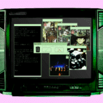 A retro CRT monitor displays a digital interface with file icons, photos, text commands, and options to delete or keep unprotected files, all bordered by a pink background.