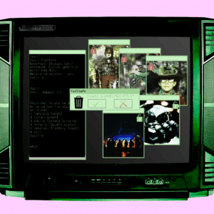 A retro CRT monitor displays a digital interface with file icons, photos, text commands, and options to delete or keep unprotected files, all bordered by a pink background.