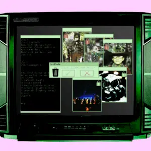 A retro CRT monitor displays a digital interface with file icons, photos, text commands, and options to delete or keep unprotected files, all bordered by a pink background.
