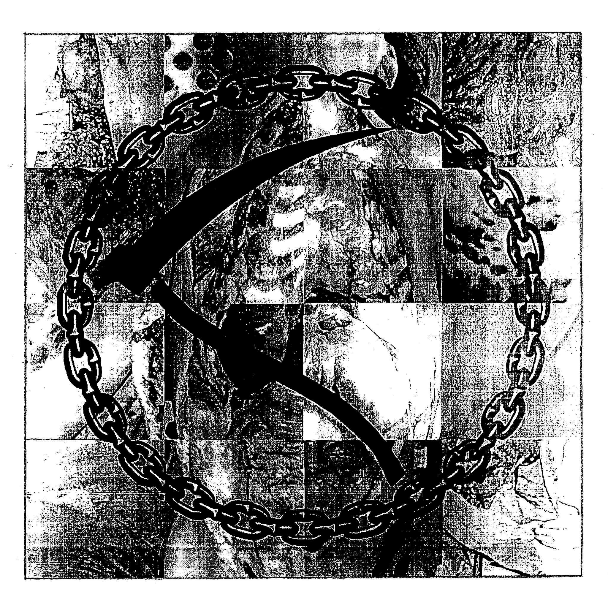 A black chain forms a circle over textured, greyscale squares with abstract and anatomical elements. A bold, diagonal line intersects the circle—artwork for Choke Chain’s new release, the Decomposition EP.