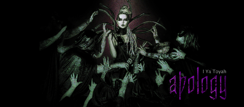 A pale figure with dramatic make-up and spiked accessories stands as shadowy hands reach towards them; text reads “I Ya Toyah apology.”.