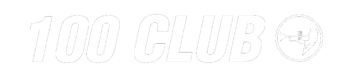 Text reading "100 CLUB" in bold letters, with the 100 Club logo—a circular icon featuring a flexed arm and lightning bolt—displayed to the right.
