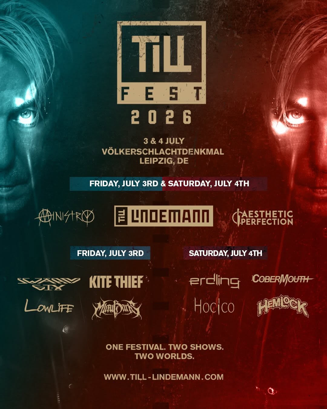 Promotional poster for TILL FEST 2026 in Leipzig, featuring dates, location, headliners Lindemann, and supporting bands for 3rd and 4th July.