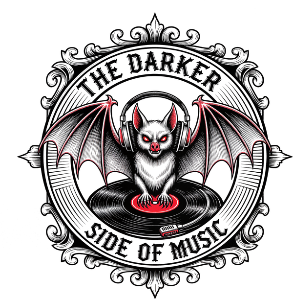 Illustration of a bat wearing headphones, standing on a vinyl record, with the text “The Darker Side of Music” framed in an ornate circular border.