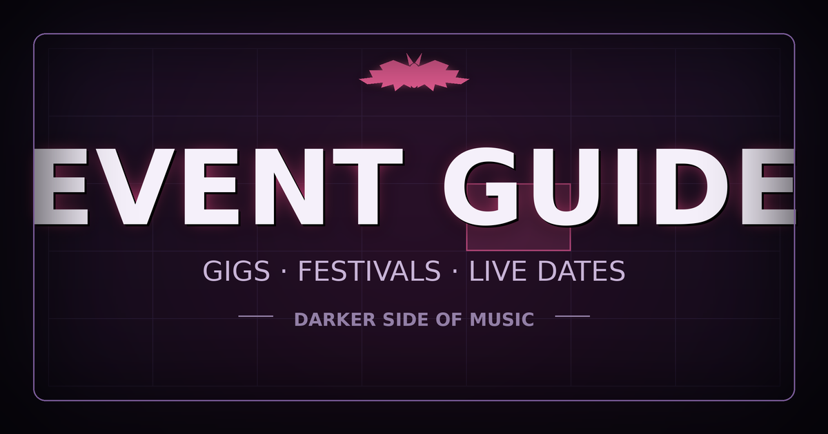 Dark purple event guide graphic with large text reading "EVENT GUIDE," and smaller text: "Gigs · Festivals · Live Dates" and "Darker Side of Music" under a bat icon.