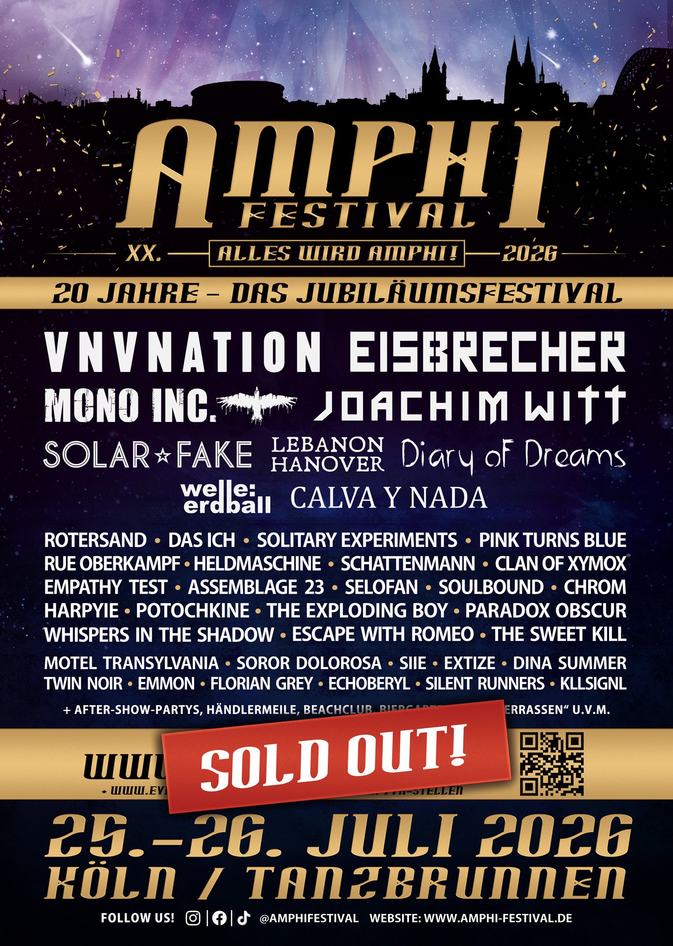Poster for Amphi Festival 2026 in Cologne, listing headliners VNV Nation, Eisbrecher, Mono Inc., and others. Dates are 25–26 July 2026. "Sold Out!" banner at the bottom.