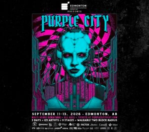 Poster for Purple City music festival featuring a futuristic robotic face, vibrant neon colours, and event details: 11-13 September 2026, Edmonton, AB.