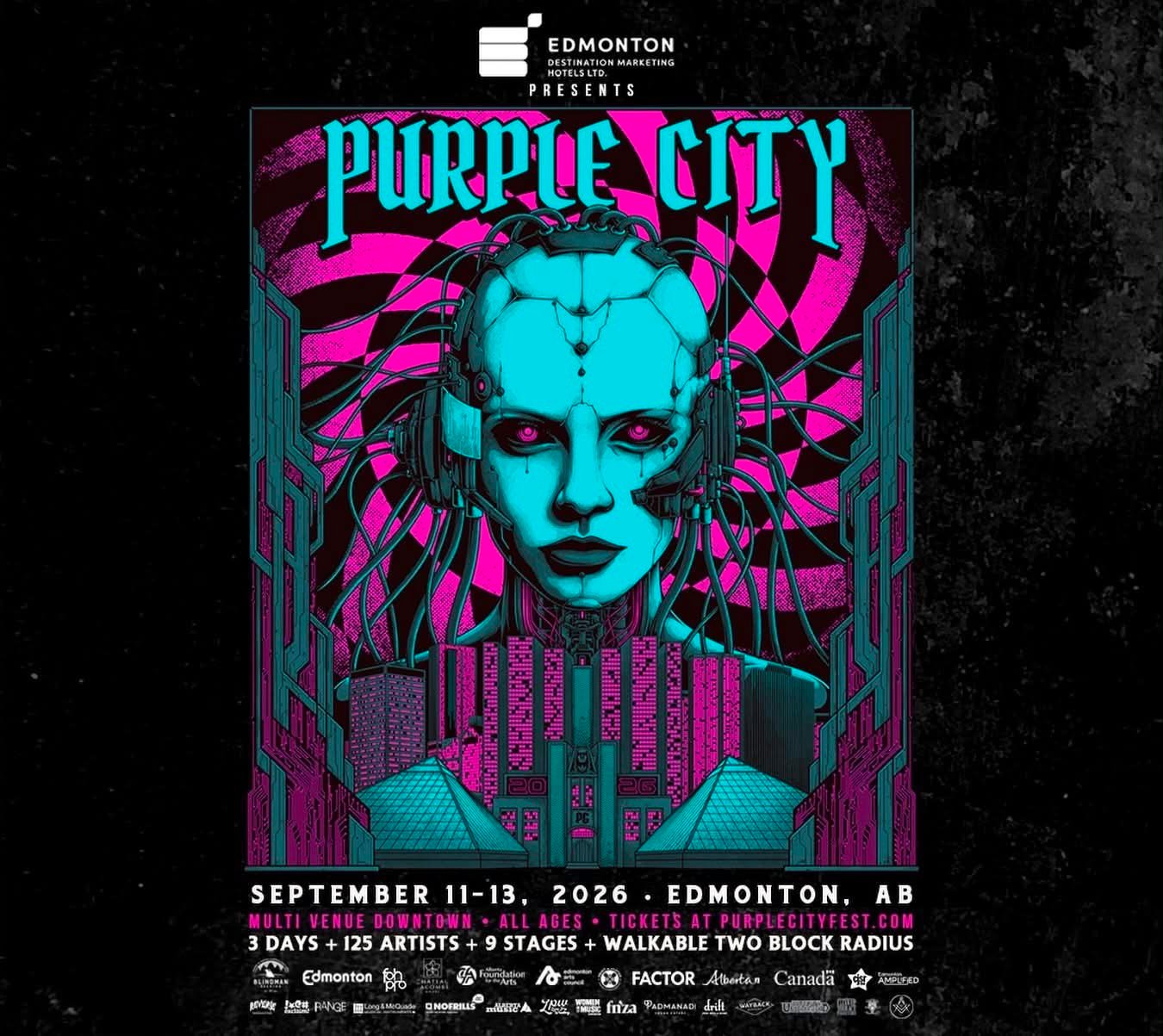 Poster for Purple City music festival featuring a futuristic robotic face, vibrant neon colours, and event details: 11-13 September 2026, Edmonton, AB.