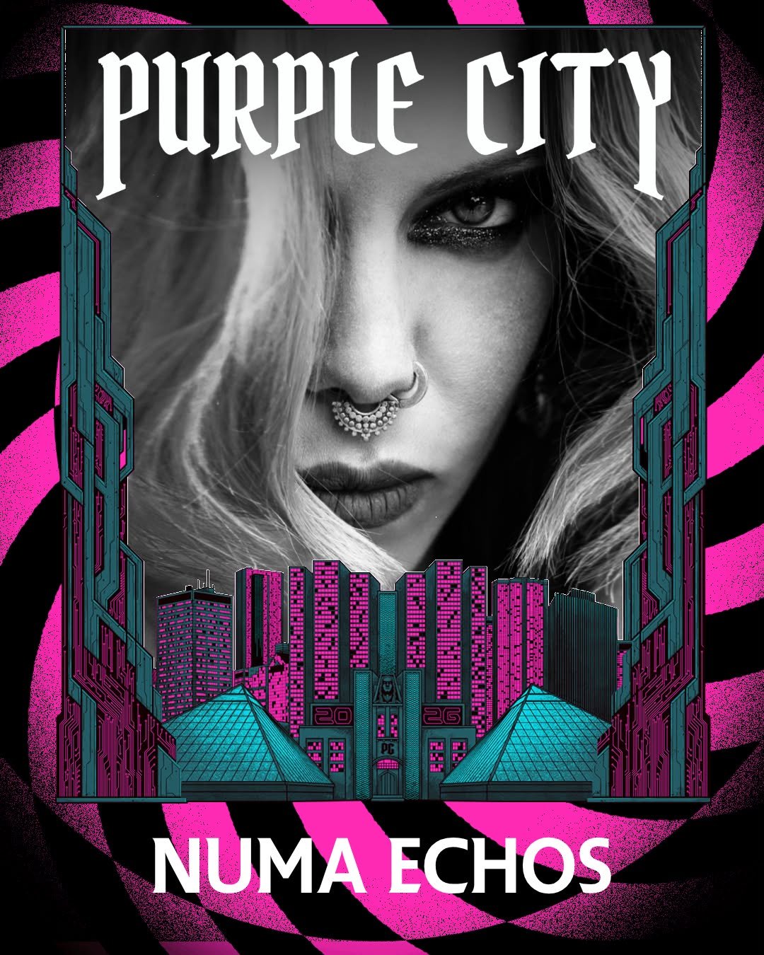 Black and white photo of a woman with a nose ring, overlaid on a stylised cityscape with purple and pink geometric patterns. Text reads "Purple City" and "Numa Echos.