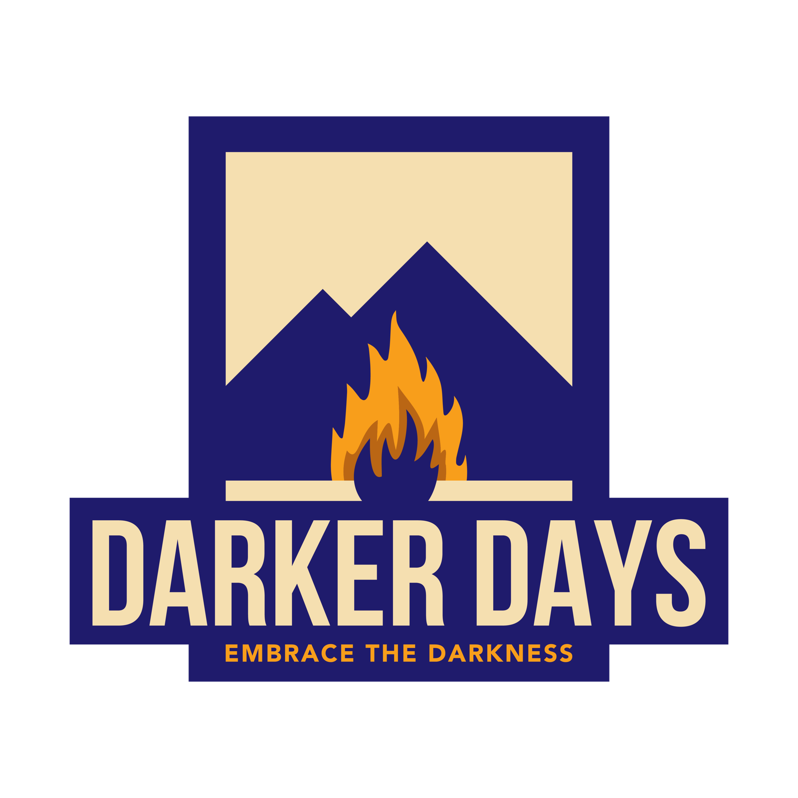 Logo with stylised mountains, a campfire, and bold text "Darker Days" above the phrase "Embrace the Darkness" on a navy and beige background.