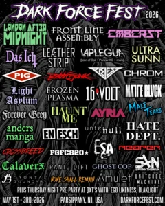 Dark Force Fest 2026 promotional poster featuring band logos, event dates 1–3 May 2026, and location: Parsippany, NJ, USA. Website and pre-party info included.