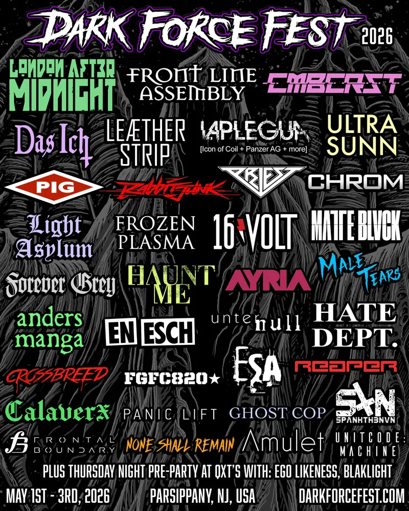 Dark Force Fest 2026 promotional poster featuring band logos, event dates 1–3 May 2026, and location: Parsippany, NJ, USA. Website and pre-party info included.