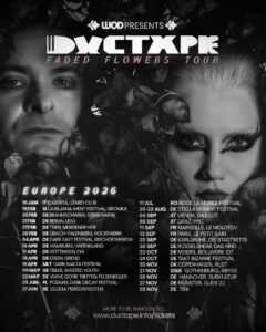 A promotional poster for Ductape's "Faded Flowers Tour" 2026, featuring tour dates across Europe, with portraits of two band members amid leaves and flowers as the background.