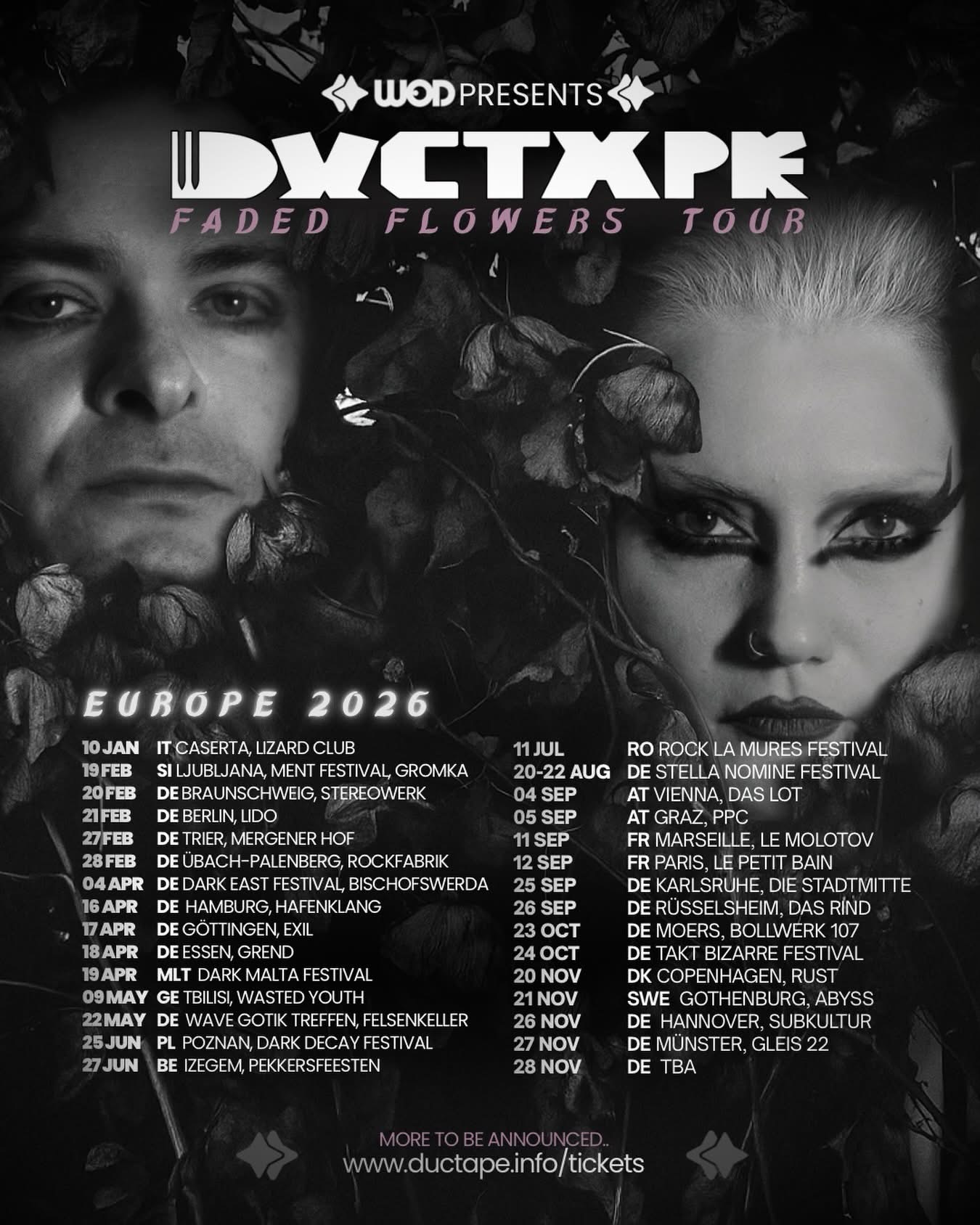 A promotional poster for Ductape's "Faded Flowers Tour" 2026, featuring tour dates across Europe, with portraits of two band members amid leaves and flowers as the background.