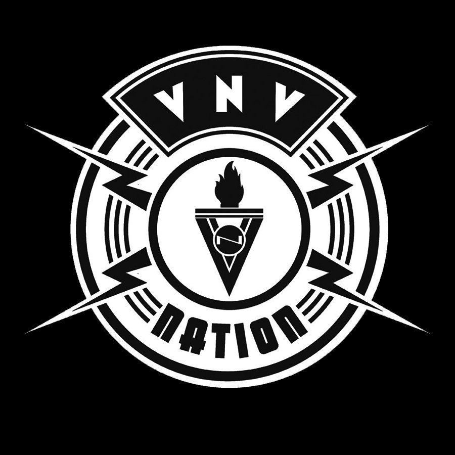 Black and white VNV Nation logo featuring a central torch inside a triangle, surrounded by lightning bolts and stylised text reading "VNV NATION.