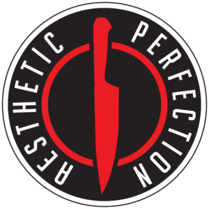 A circular black logo with a red knife in the centre, surrounded by the words "Aesthetic Perfection" in white capital letters.
