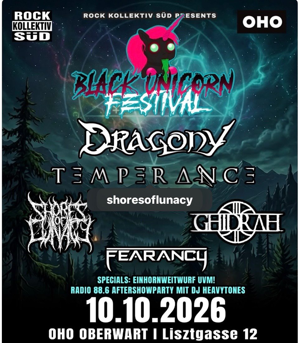 Concert poster for Black Unicorn Festival on 10.10.2022 at OHO Oberwart, listing bands: Dragony, Temperance, Shores of Lunacy, Ghidrah, and Fearancy.