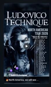 Black and white poster for Ludovico Technique’s North American Tour 2026, featuring tour dates, locations, and a portrait of a person with long hair and heavy make-up.