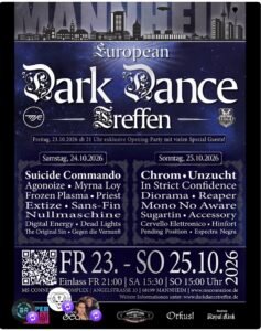 Poster for “European Dark Dance Treffen” event in Mannheim, Germany, 24-25 October 2026, listing bands, ticket info, sponsors, and event details on a dark background with gothic design motifs.