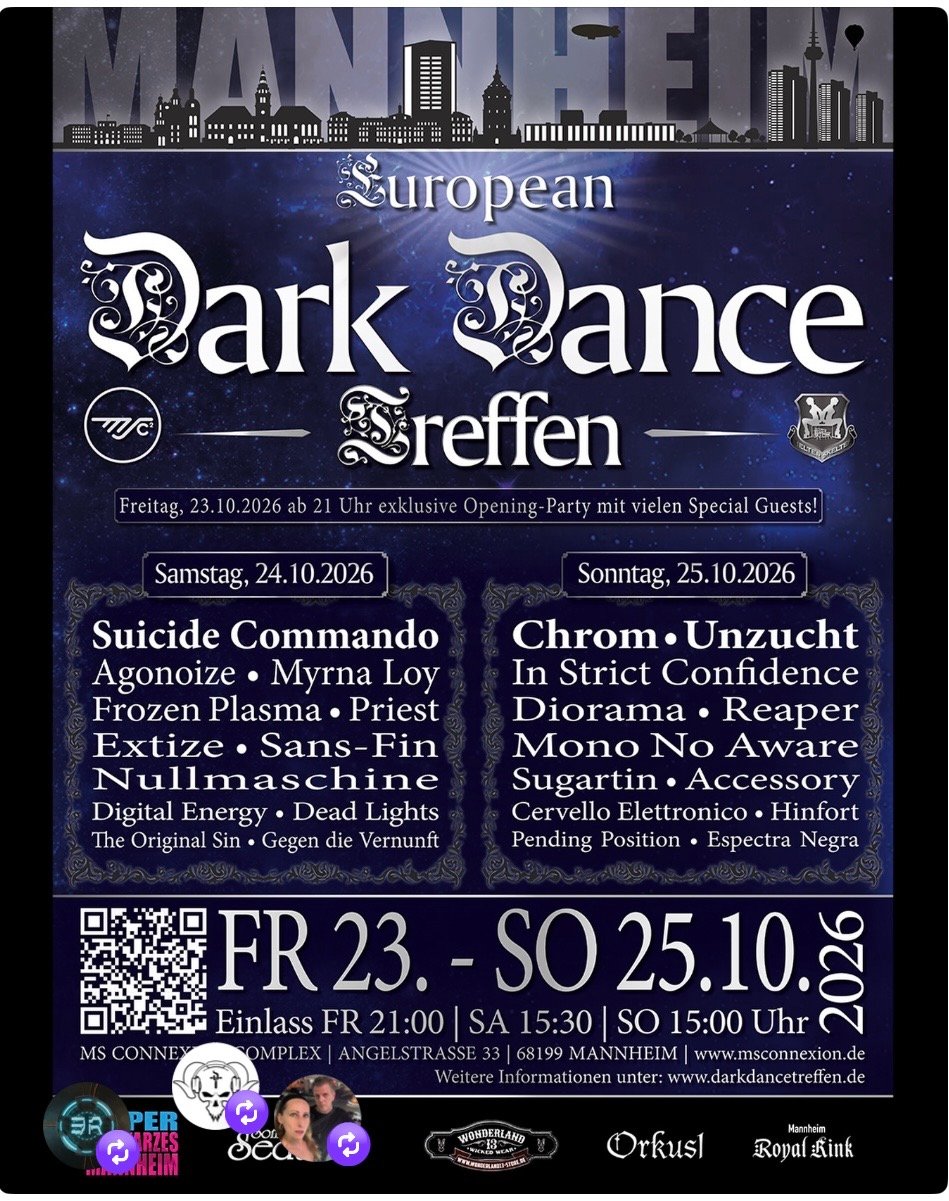 Poster for “European Dark Dance Treffen” event in Mannheim, Germany, 24-25 October 2026, listing bands, ticket info, sponsors, and event details on a dark background with gothic design motifs.