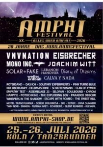 Poster for the 2026 Amphi Festival in Cologne, featuring Various Artists including headliners like VNV Nation, Eisbrecher, Mono Inc., and full event details for 25-26 July at Tanzbrunnen.