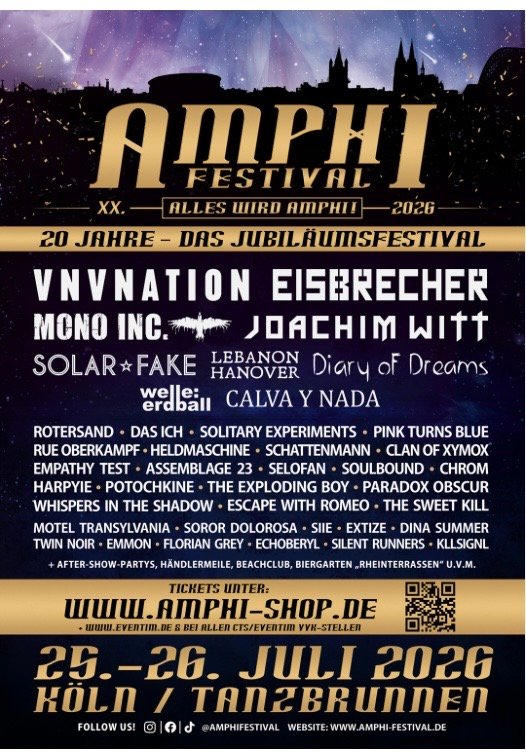 Poster for the 2026 Amphi Festival in Cologne, featuring Various Artists including headliners like VNV Nation, Eisbrecher, Mono Inc., and full event details for 25-26 July at Tanzbrunnen.