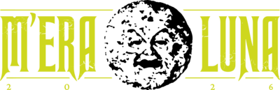 M'ERA LUNA logo featuring stylised yellow text and a vintage illustration of a human-faced moon in the centre, perfectly capturing the mystical vibe of the M'era Luna Festival 2026.