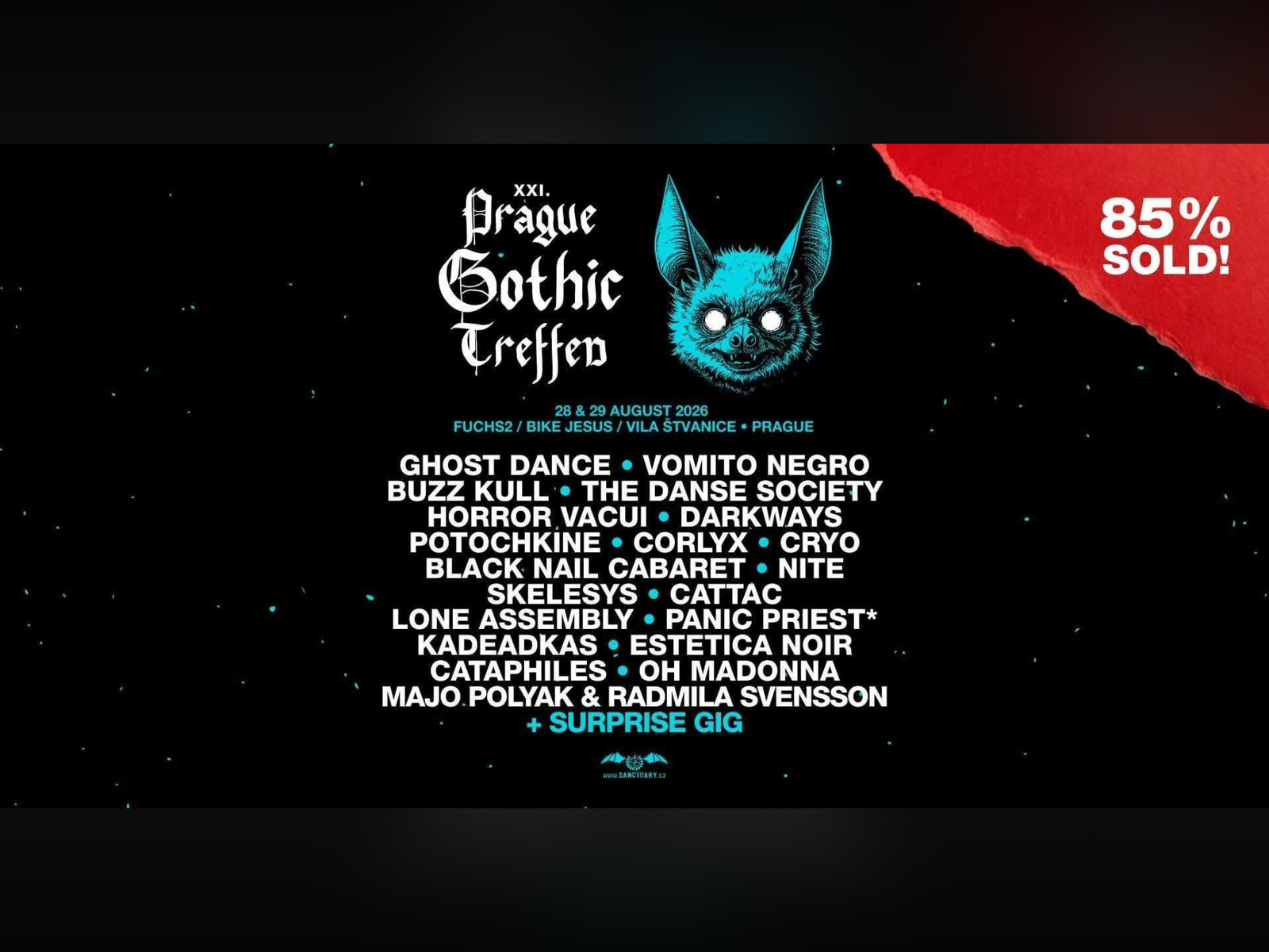 Poster for the 2024 Prague Gothic Treffen music festival listing band names and event details, with a blue bat illustration and a red "85% SOLD!" label.