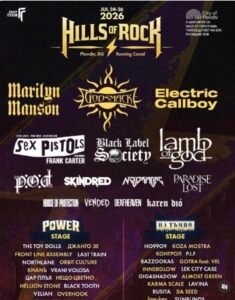 Poster for Hills of Rock 2026 music festival in Plovdiv, Bulgaria, listing headliners Marilyn Manson, Godsmack, Electric Callboy, and other bands, with event dates 24-26 July 2026.