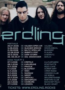 Four members of the band Erdling stand in front of a dark background; tour dates and locations are listed around them in bold text.